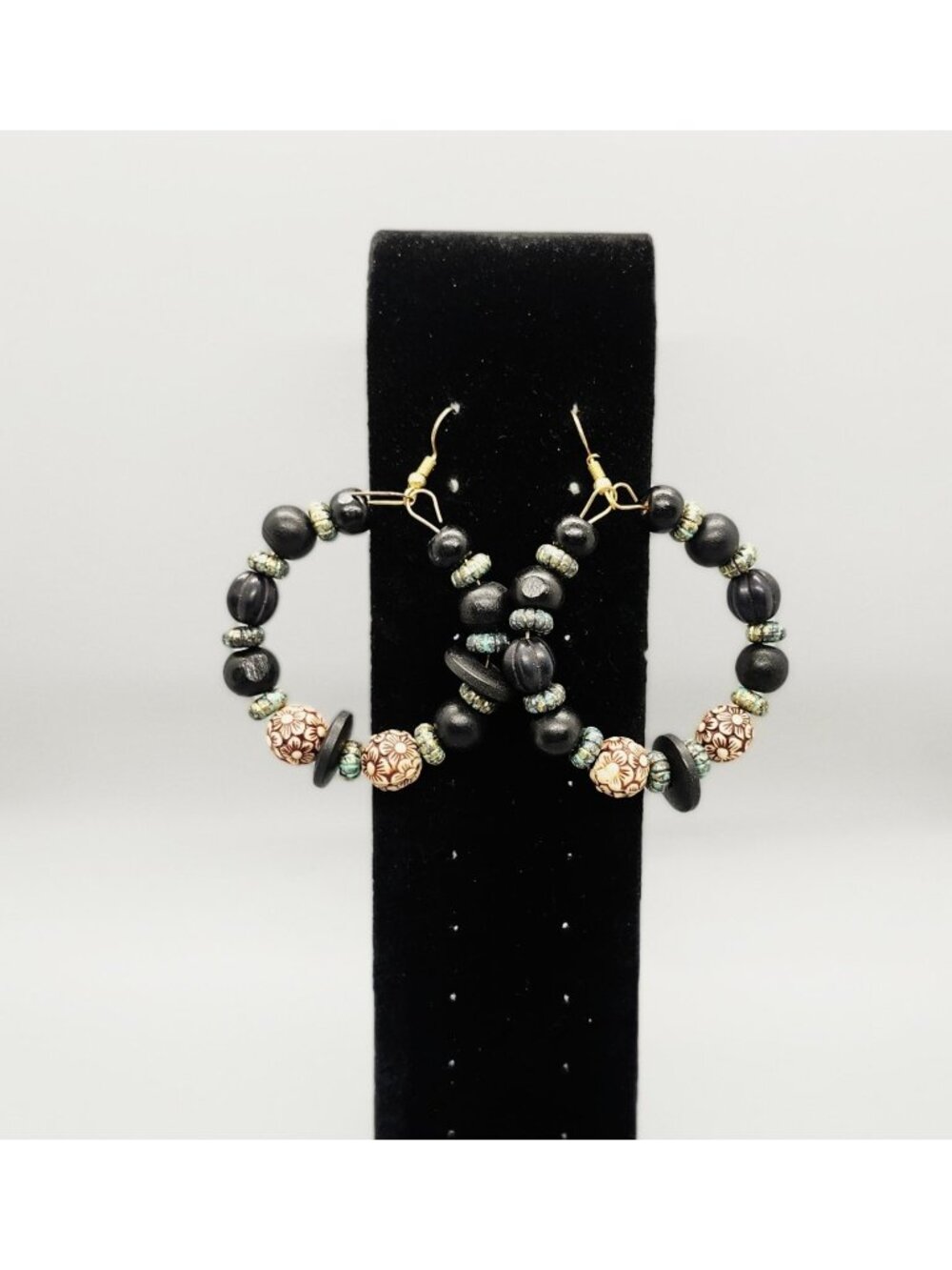 Boho Beaded Hoop Earrings 2.4" Drop Black Cream Floral Gold Tone Fashion